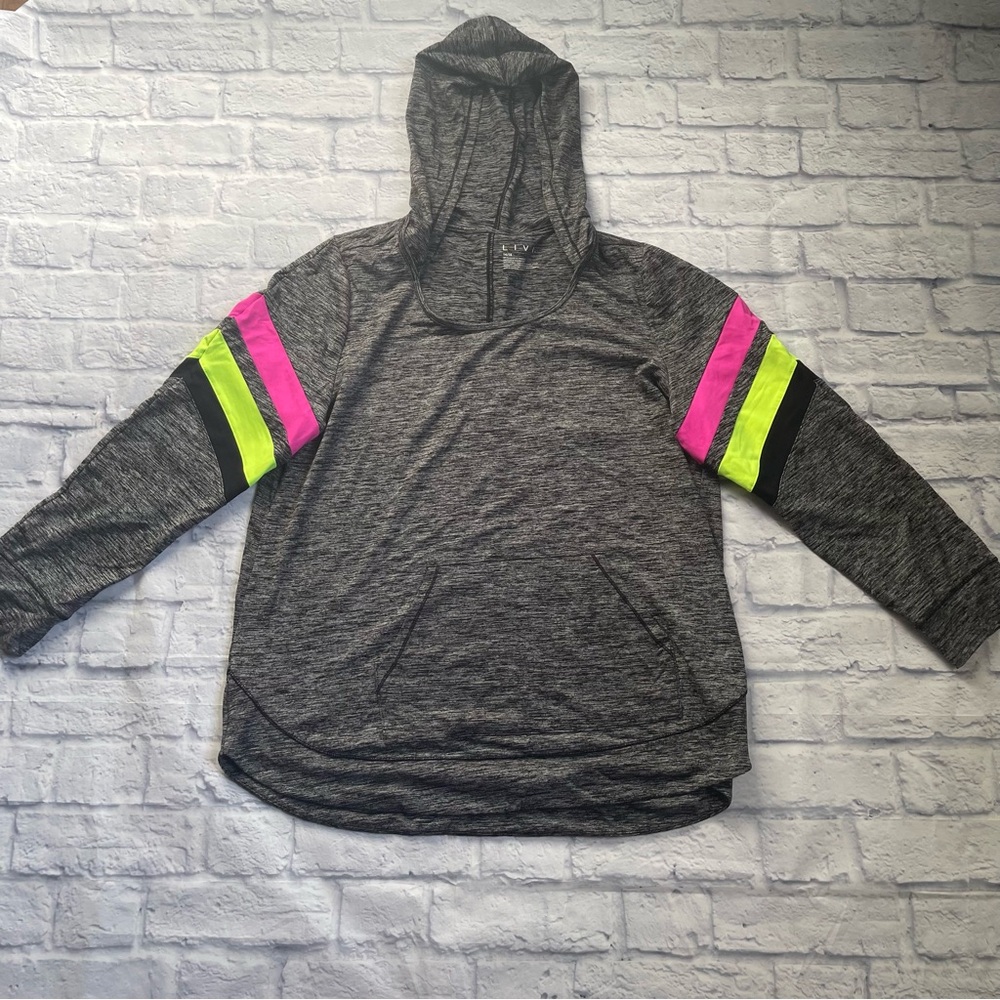 Livi Active Gray Hooded Pullover with Neon Sleeve Stripes